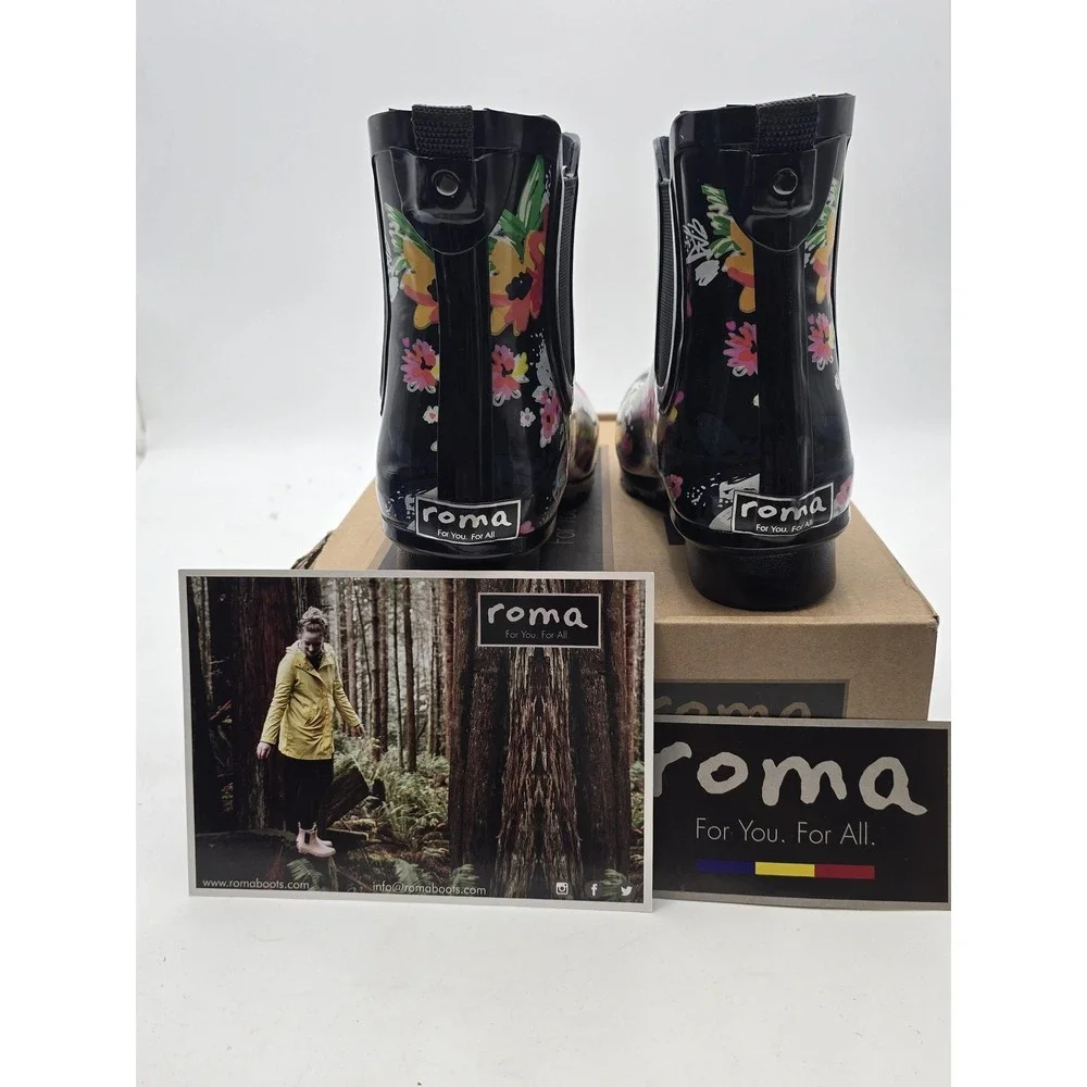 Roma Rain Boots Womens Size‎ 9 Black Floral Chelsea Ankle Rubber Waterproof New